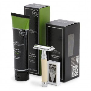 Edwin Jagger Set de barbierit 2 piese: aparat de ras clasic cu lama dubla Ivory si crema de barbierit Aloe Vera Edwin Jagger Set de barbierit 2 piese: aparat de ras clasic cu lama dubla Ivory si crema de barbierit Aloe Vera