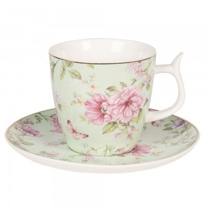 Ceasca cu farfurie "Spring Blossom" 160ml, Clayre & Eef Ceasca cu farfurie "Spring Blossom" 160ml, Clayre & Eef