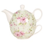 Ceainic cu ceasca si farfurie "Spring Blossom" Green 400ml / 250ml, Clayre & Eef Ceainic cu ceasca si farfurie "Spring Blossom" Green 400ml / 250ml, Clayre & Eef