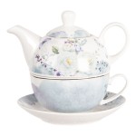 Set ceainic si ceasca cu farfurie din portelan, pentru o persoana, Tea for One-Pastel Butterfly, Clayre&Eef