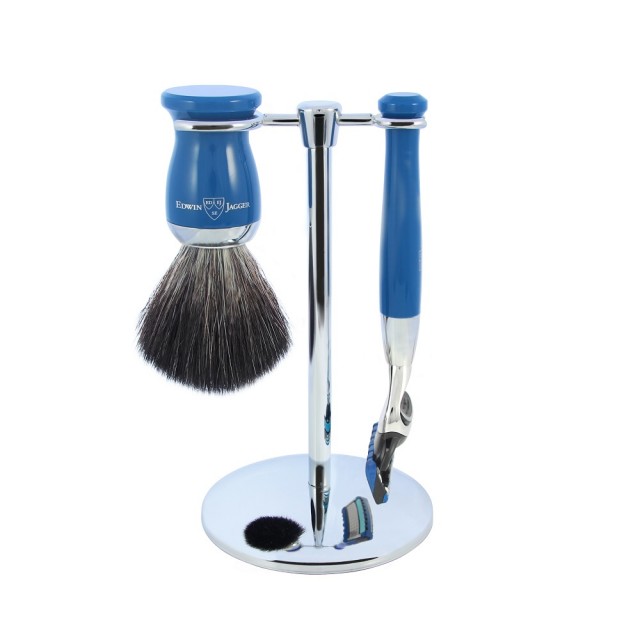 Edwin Jagger Set de barbierit 3 piese Fit Fusion Blue: aparat cu lama Gillette Fusion ProGlide, pamatuf cu fibre sintetice, suport cromat