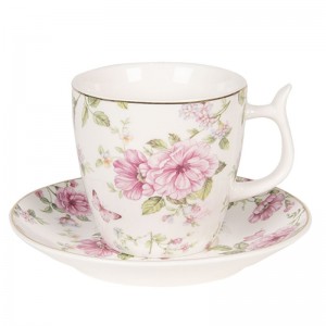 Ceasca cu farfurie "Flowers" 160ml, Clayre & Eef Ceasca cu farfurie "Flowers" 160ml, Clayre & Eef