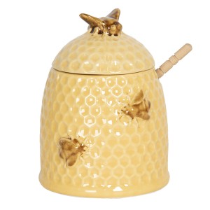 Borcan pentru miere cu capac si lingurita "Honeycomb" 11x14 cm, Clayre & Eef Borcan pentru miere cu capac si lingurita "Honeycomb" 11x14 cm, Clayre & Eef