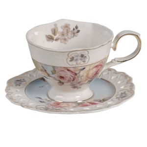 Ceasca cu farfurie "Light Blue Flowers", Clayre & Eef Ceasca cu farfurie "Light Blue Flowers", Clayre & Eef
