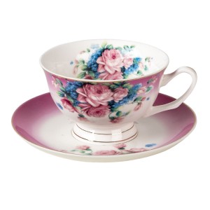 Ceasca cu farfurie "Purple Flowers" 200ml, Clayre & Eef Ceasca cu farfurie "Purple Flowers" 200ml, Clayre & Eef