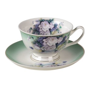 Ceasca cu farfurie "Green Flowers" 200ml, Clayre & Eef Ceasca cu farfurie "Green Flowers" 200ml, Clayre & Eef