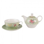 Set ceainic si ceasca cu farfurie din portelan, pentru o persoana, Tea for One-Cheerful Birdie, Clayre&Eef