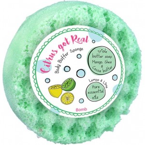 Spumant cu burete exfoliant pentru dus Mango, Shea si Unt de cacao, Citrus Got Real 200g, Bomb Cosmetics Spumant cu burete exfoliant pentru dus Mango, Shea si Unt de cacao, Citrus Got Real 200g, Bomb Cosmetics