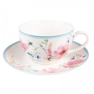 Ceasca cu farfurie "Pink Porcelain Flowers" 230ml, Clayre & Eef Ceasca cu farfurie "Pink Porcelain Flowers" 230ml, Clayre & Eef