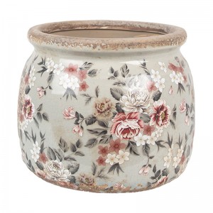 Vas decorativ "Grey & Pink Flowers" Ø 16x13 cm, Clayre & Eef Vas decorativ "Grey & Pink Flowers" Ø 16x13 cm, Clayre & Eef