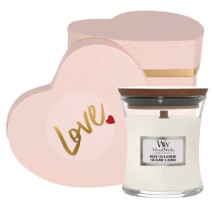 Set Cadou LOVE - Lumanare Borcan Mic 85g White Tea Jasmine, WoodWick Set Cadou LOVE - Lumanare Borcan Mic 85g White Tea Jasmine, WoodWick