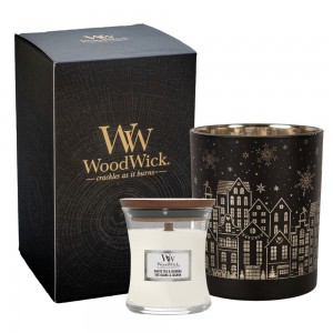 Set Cadou Lumanare si Suport decorativ alb "White Winter", Woodwick