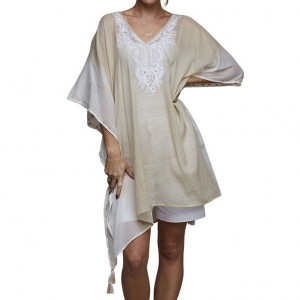 Caftan de plaja bej, cu broderie decorativa, marime universala