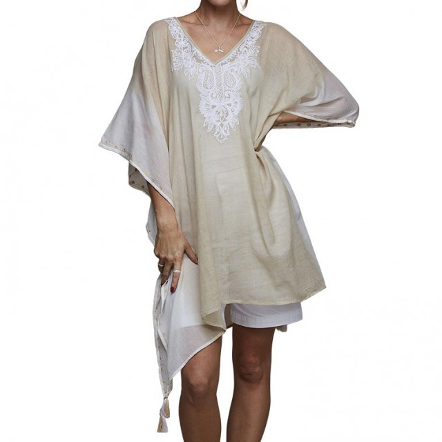 Caftan de plaja bej, cu broderie decorativa, marime universala Caftan de plaja bej, cu broderie decorativa, marime universala