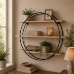 Raft de perete rotund din metal si lemn cu 3 polite – 80x16x60 cm Raft de perete rotund din metal si lemn cu 3 polite – 80x16x60 cm