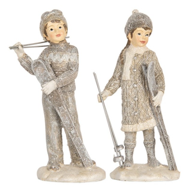 Decoratiune Craciun "Children Skiing" (2x) 8x7x15 cm, Clayre&Eef Decoratiune Craciun "Children Skiing" (2x) 8x7x15 cm, Clayre&Eef