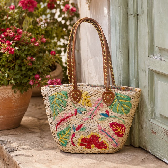 Geanta de umar Mauritz din paie cu broderie florala multicolora 10x24x32cm Geanta de umar Mauritz din paie cu broderie florala multicolora 10x24x32cm