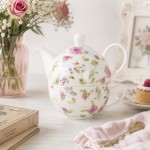 Ceainic cu ceasca si farfurie "Floral Infusion" 17x11x14 cm / 400 ml, Clayre & Eef Ceainic cu ceasca si farfurie "Floral Infusion" 17x11x14 cm / 400 ml, Clayre & Eef