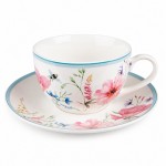 Ceasca cu farfurie "Pink Porcelain Flowers" 230ml, Clayre & Eef Ceasca cu farfurie "Pink Porcelain Flowers" 230ml, Clayre & Eef