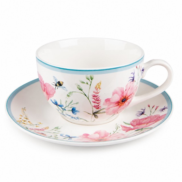 Ceasca cu farfurie "Pink Porcelain Flowers" 230ml, Clayre & Eef Ceasca cu farfurie "Pink Porcelain Flowers" 230ml, Clayre & Eef
