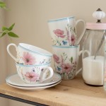Ceasca cu farfurie "Pink Porcelain Flowers" 230ml, Clayre & Eef Ceasca cu farfurie "Pink Porcelain Flowers" 230ml, Clayre & Eef