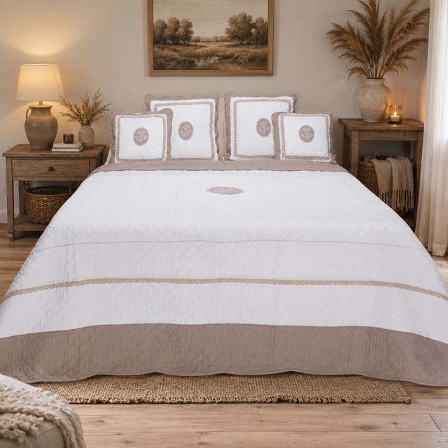 Cuvertura matlasata din bumbac, alb si taupe – 180 x 260 cm Cuvertura matlasata din bumbac, alb si taupe – 180 x 260 cm